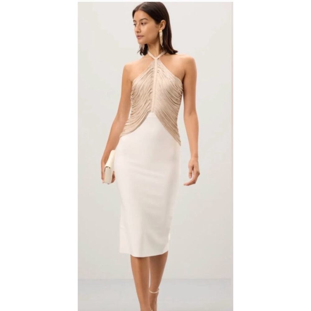Herve Leger Addison Dress Sleeveless Halter Fringe Midi Sheath Beige White XS